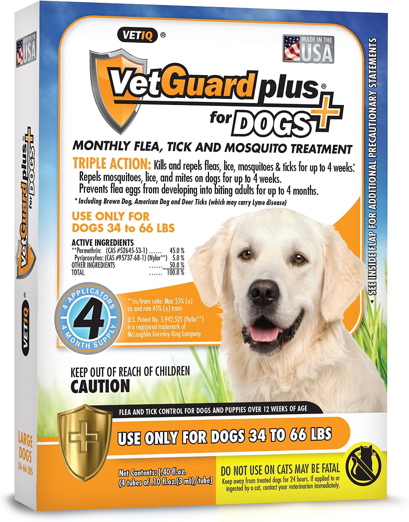 VetGuard Plus Flea & Tick Treatment for Large Dogs, 34-66 lbs, 4 Month Supply
