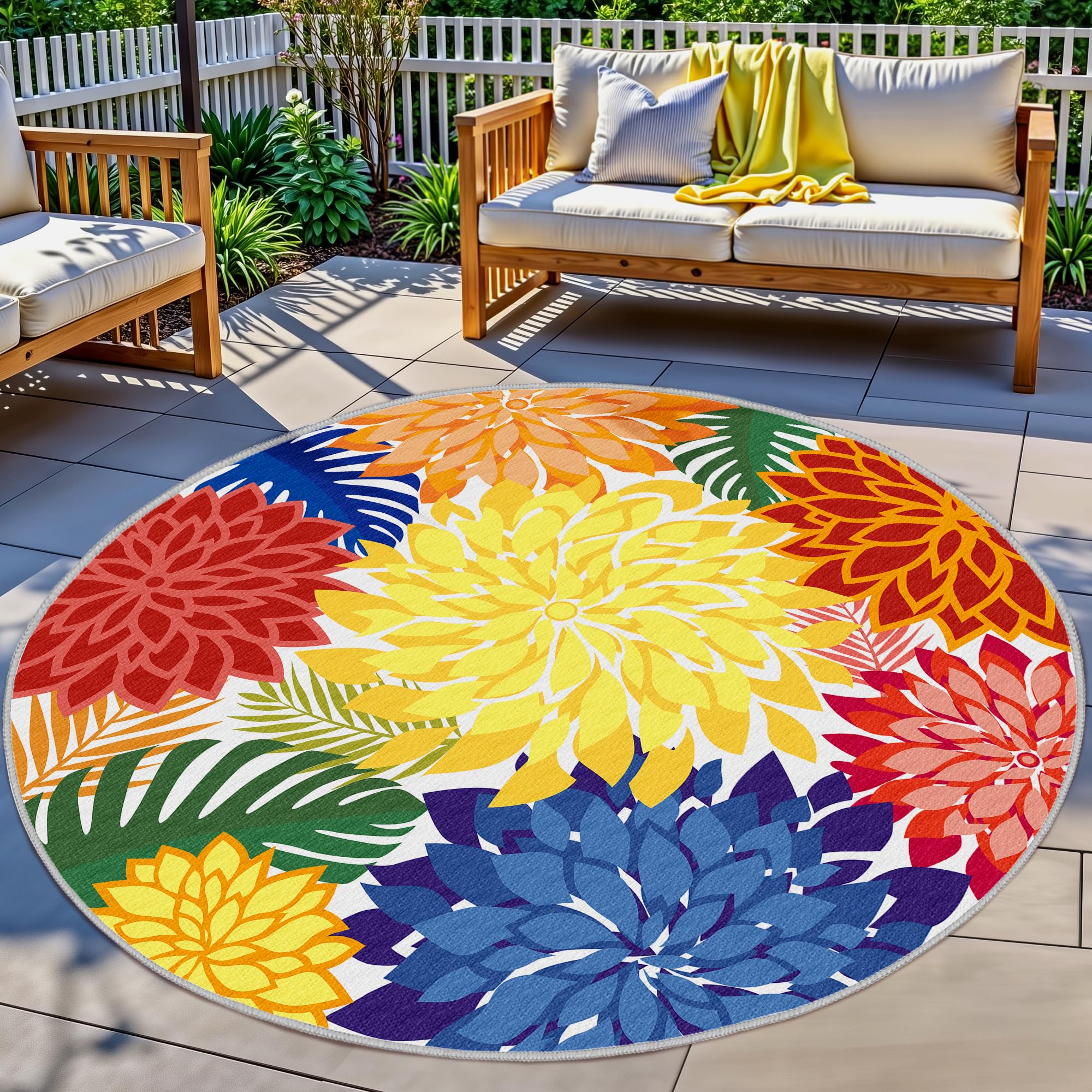 Photo 1 of Arenarug Indoor Outdoor 6FT Round Area Rug Washable Rugs Multicolored Patio Rug Tropical Botanical Modern Floral Indoor Outdoor Round Carpet Non Slip for RV, Pool Deck, Backyard, Porch