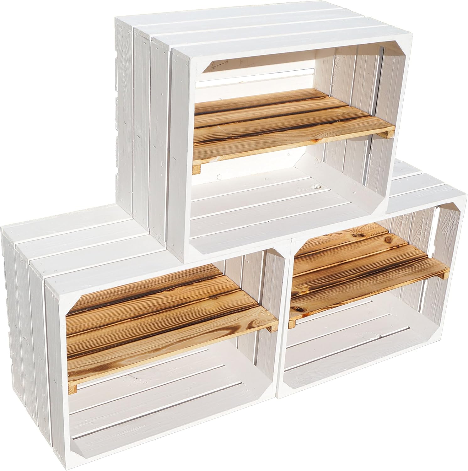 Set of 3 White Fruit Crates with Flamed Shelf, Long Apple Crate, Wine Crate, Storage Crate