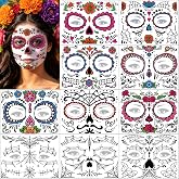 Day of the Dead Face Tattoos - 10 Sheet Halloween Temporary Tattoos Face Sticker Kit Día de Los Muertos Glitter Red Roses Skeleton Sugar Skull Fake Tattoo for Halloween Makeup on Face Body
