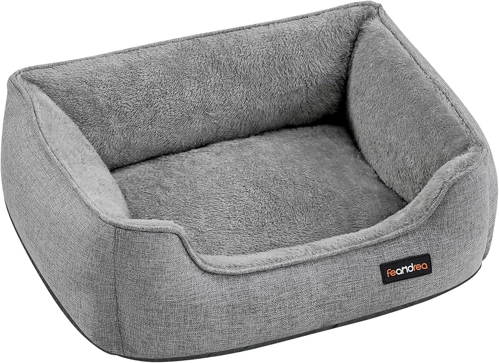 Feandrea Dog Bed Linen-Look Small with Raised Edges 60x50x21 cm Light Grey