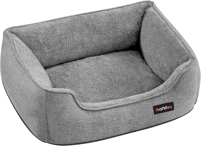 Feandrea Dog Bed Linen-Look Small with Raised Edges 60x50x21 cm Light Grey