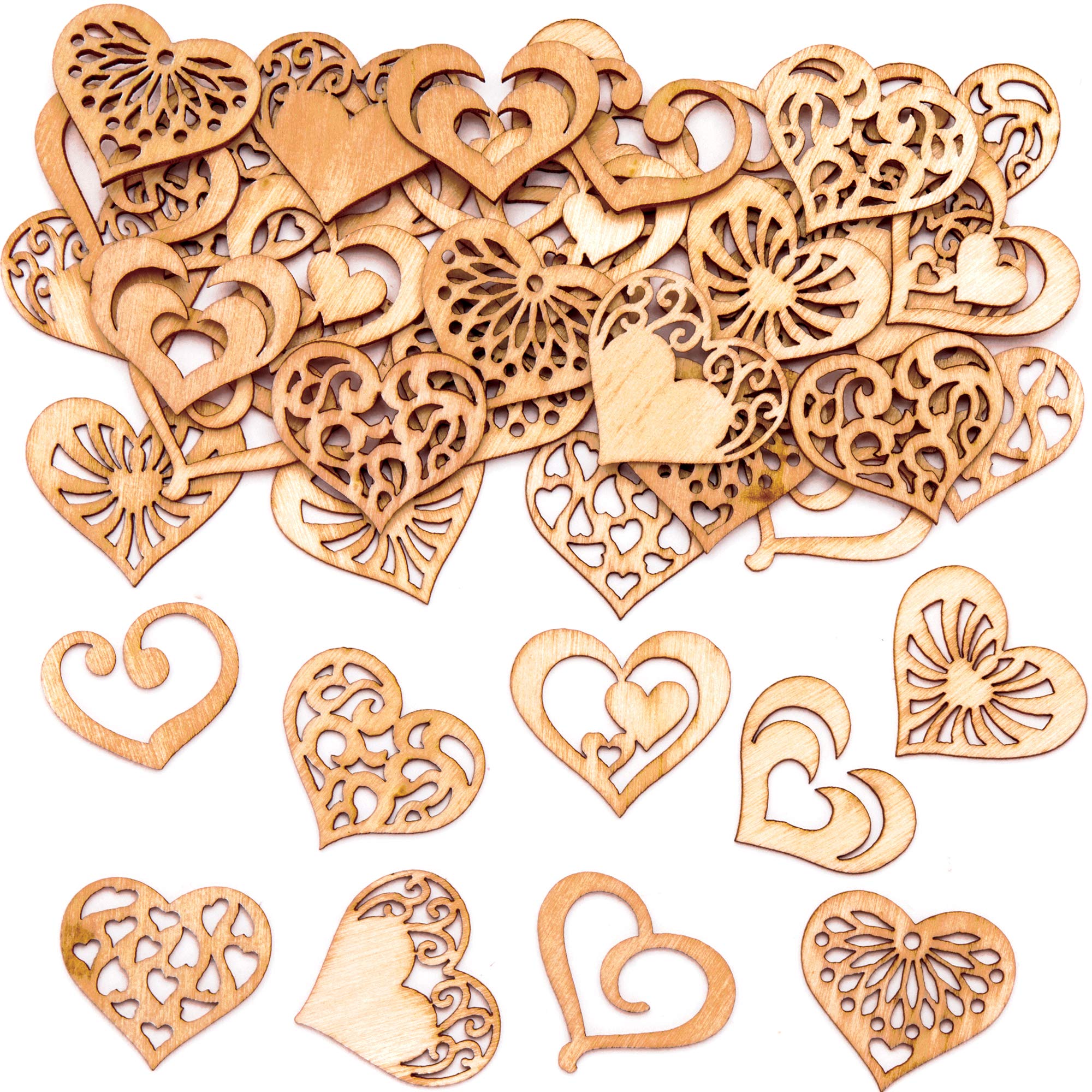 Baker Ross AT477 Heart Mini Wooden Shapes - Pack of 45, Creative Valentine's Day Art and Craft Supplies for Kids to Make and Decorate,Brown