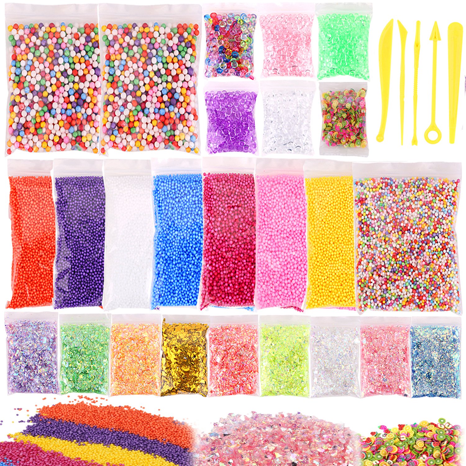 Foam Beads for Slime, Outgeek 26 Pack 13oz Slime Supplies Kit includes Foam Balls, Fishbowl Beads, Glitter Sugar Papers, Fruit Slices, Slime Tools for DIY Slime Making