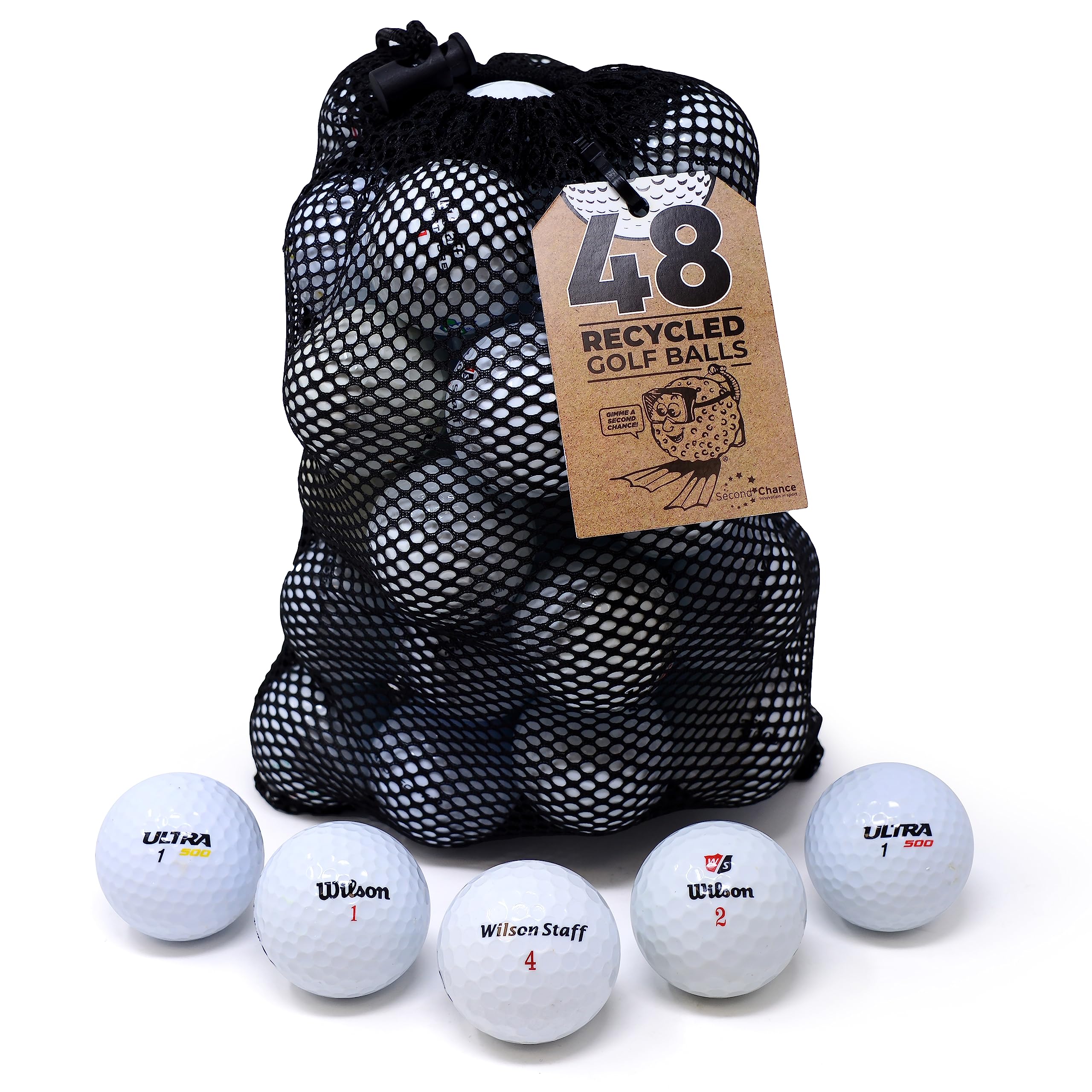 Second Chance Recycled Lake Golf Balls, Used Golf Balls - 48 Mesh Bag - Grade A for Wilson Golf Balls