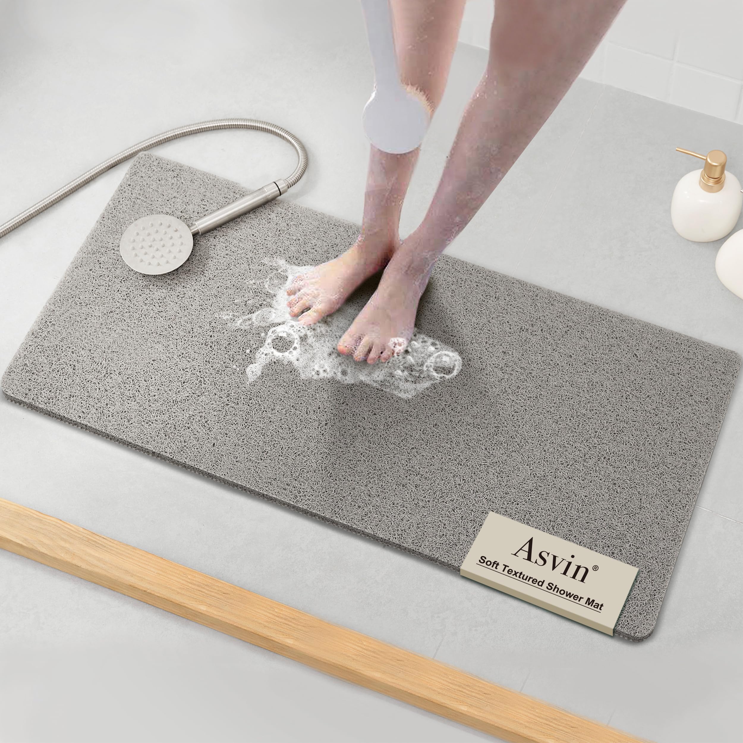 Asvin Soft Textured Bath, Shower, Tub Mat, 35x16 Inch, Phthalate Free, Non Slip Comfort Bathtub Mats with Drain, PVC Loofah Bathroom Mats for Wet Areas, Quick Drying, Grey, 35'' x 16''