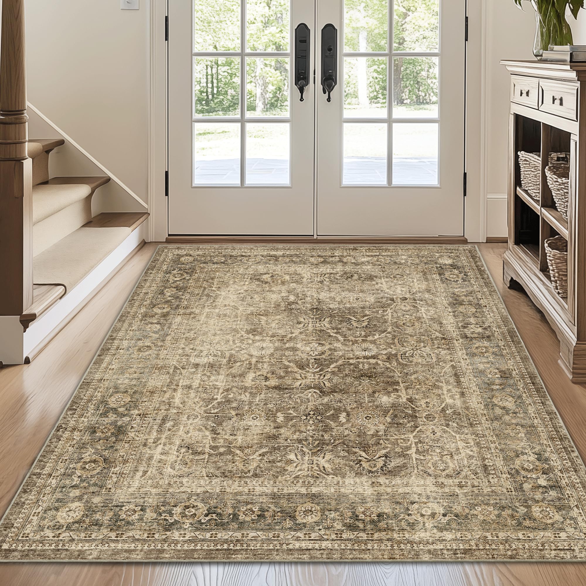 Photo 1 of FMFUNCTEX 4x5 Washable Area Rug Neutral Vintage Brown Non Slip Low Pile Traditional Indoor Carpet for Entryway Living Room Bedroom Soft Retro Floral Mat Throw Rug for Dining Office Kitchen Entryway