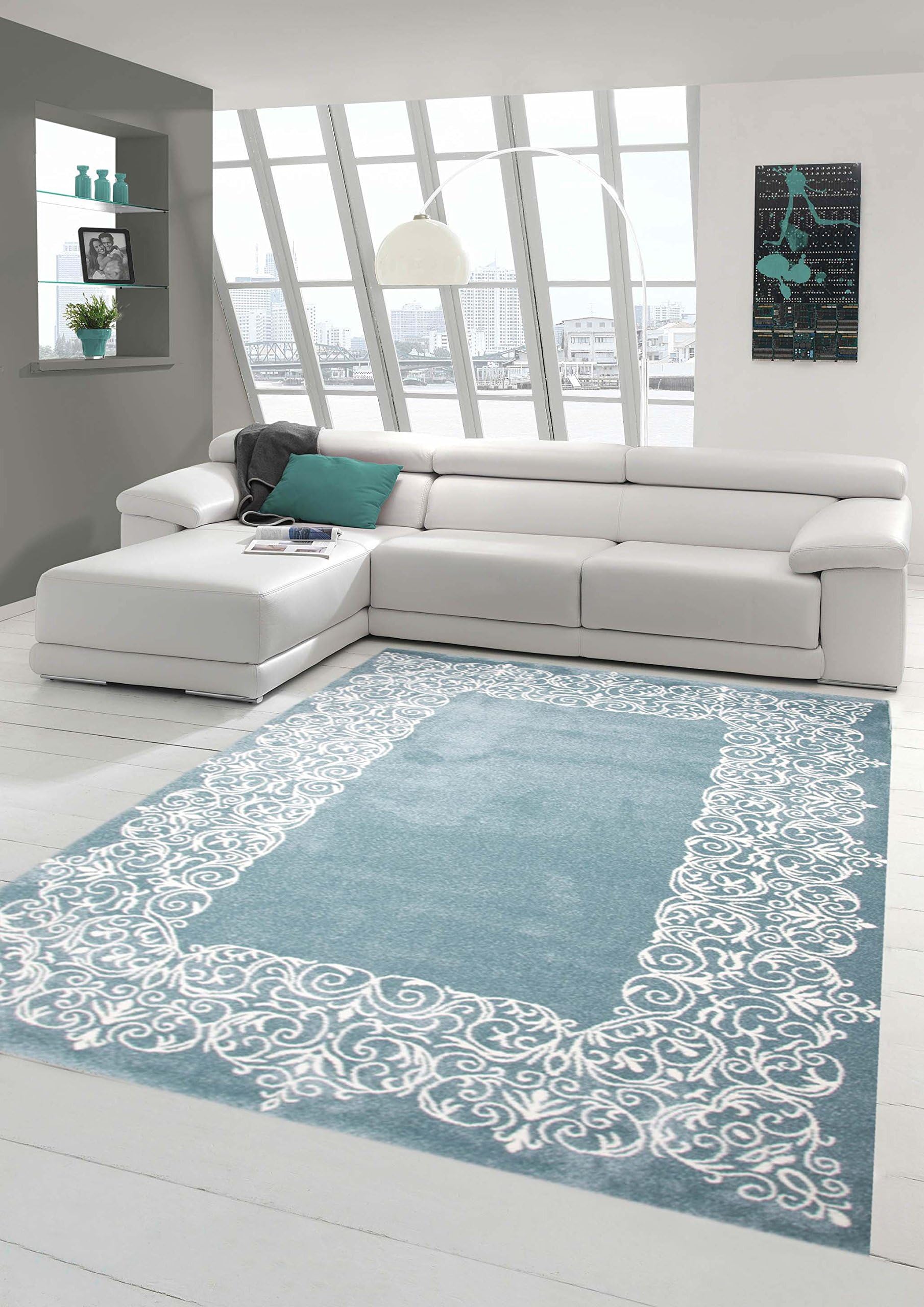 Traum Design rug Contemporary rug Living room rug Short pile Rug with border Pastel turquoise cream size 160x230 cm