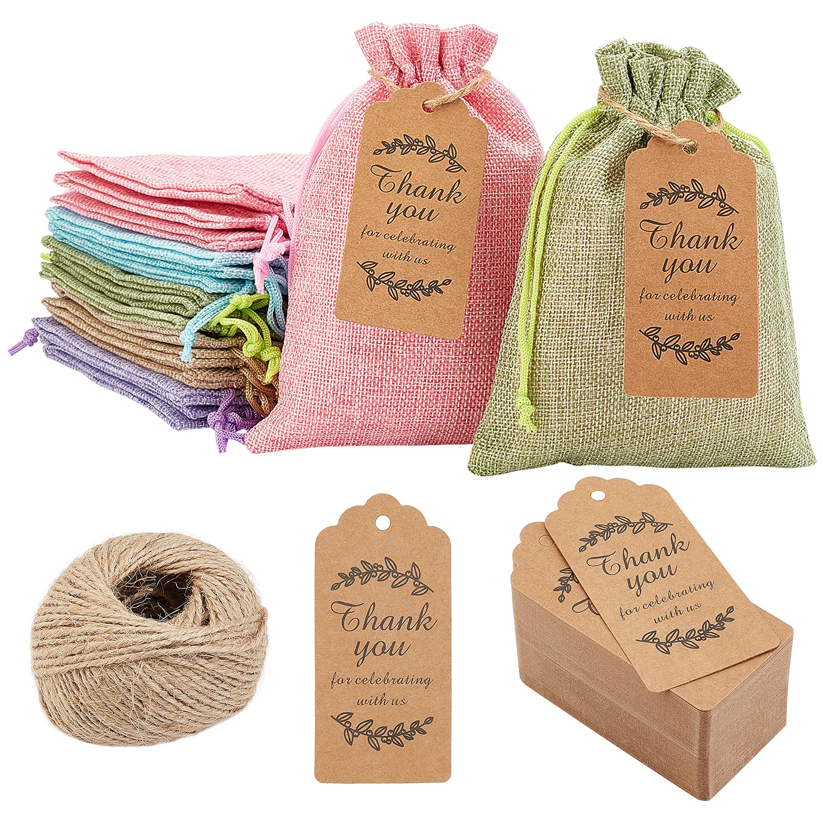 NBEADS 20 Pcs Burlap Gift Bags with Drawstring, 5 Colors Burlap Packing Pouches with Extra Gift Tags for Wrapping Gifts, Wedding Party Favors, Household Use