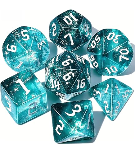 Wilderfeast – Set De 7 Dés Personnalisés RPG – 5d6, 1d8, 1d20 – Bleu Vert Crème – Modiphius