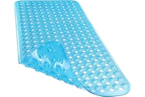 Yimobra Non Slip Bath Mat, Super Strong Suction Cups,34.5"x15.5"Long Tub Mat with Drain Holes, Machine Washable Fast Draining Shower Mats, Bathroom Essentials,Clear Blue
