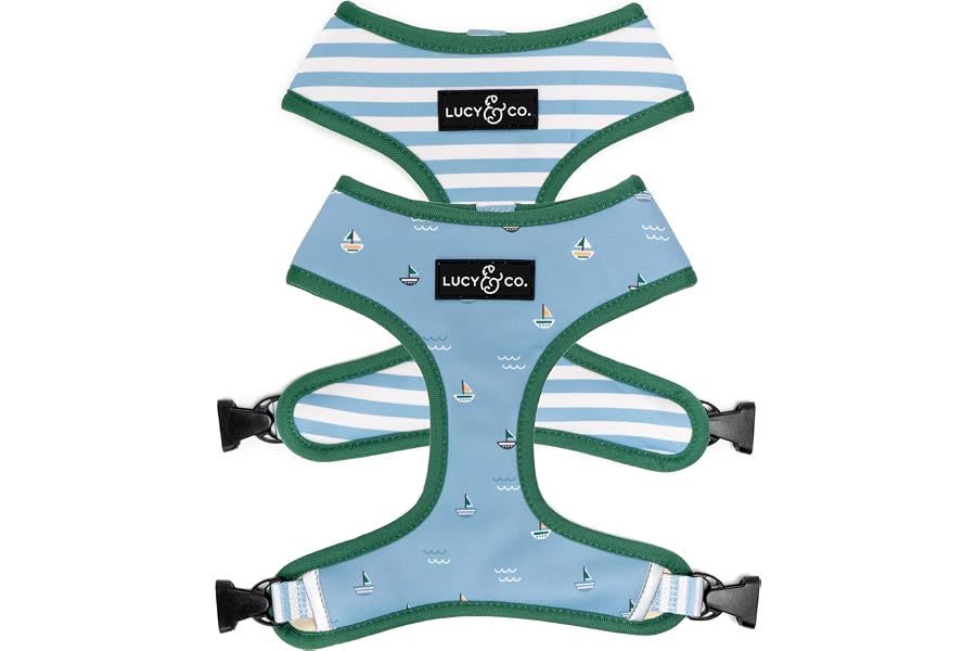Lucy & Co. Reversible Dog Harness - Water-Repellent Neoprene, Dual-Print Design, Easy Swap Style, Adjustable Comfort Fit - Set Sail Reversible Harness - Small