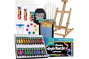 KEFF Acrylic Paint Set - All-in-One Painting Kits for Adults & Kids - 51 Pcs Painting Supplies with Acrylic Paints, Wooden Easel, Canvases, Palette, Paint Knives, Paintbrushes, Water Cup & Storage Bag