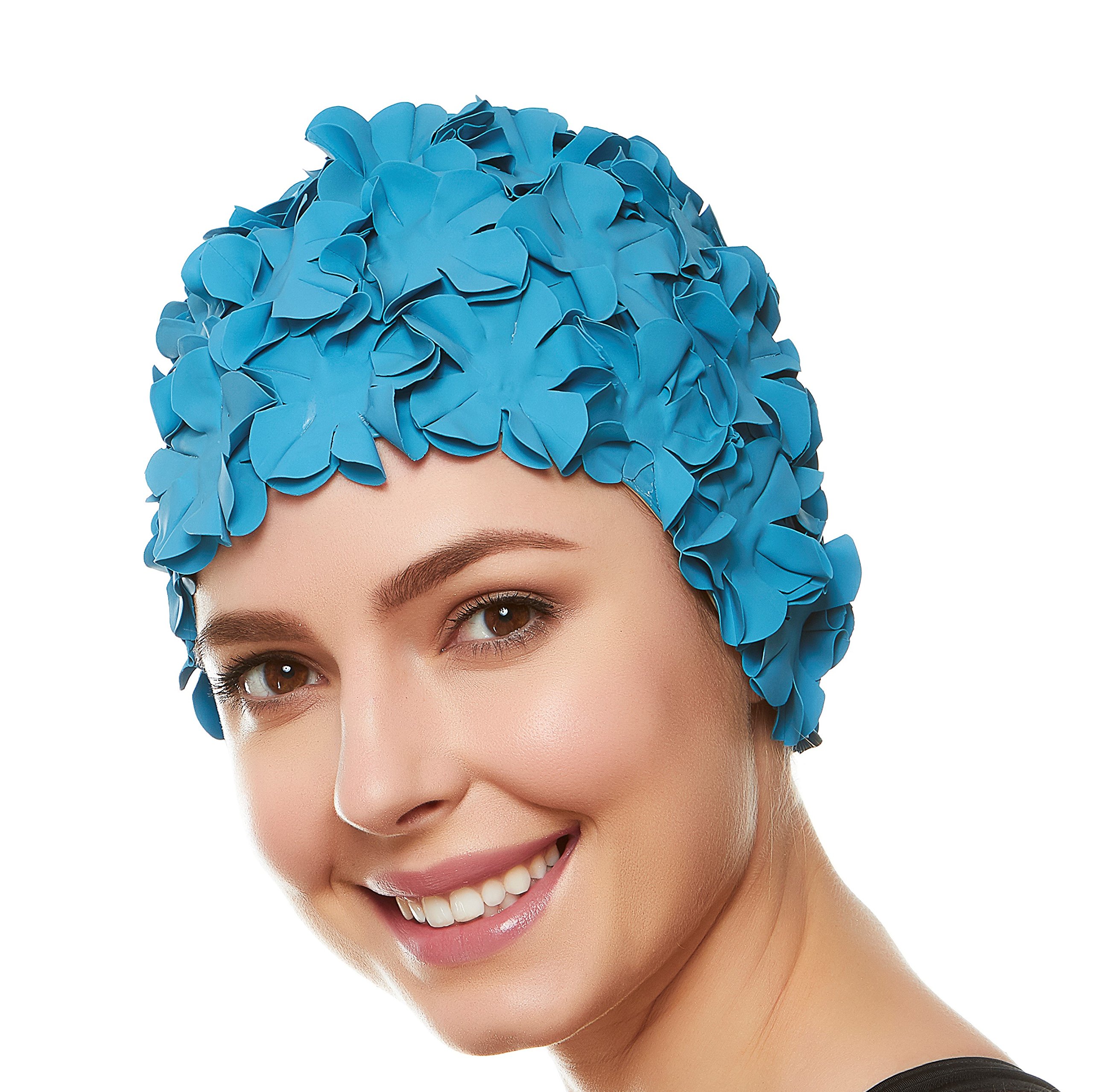 Beemo Floral Petal Swim Cap for Women – Retro Style Vintage Bathing Cap Swimming Hat for Long and Short Hair - Royal Blue