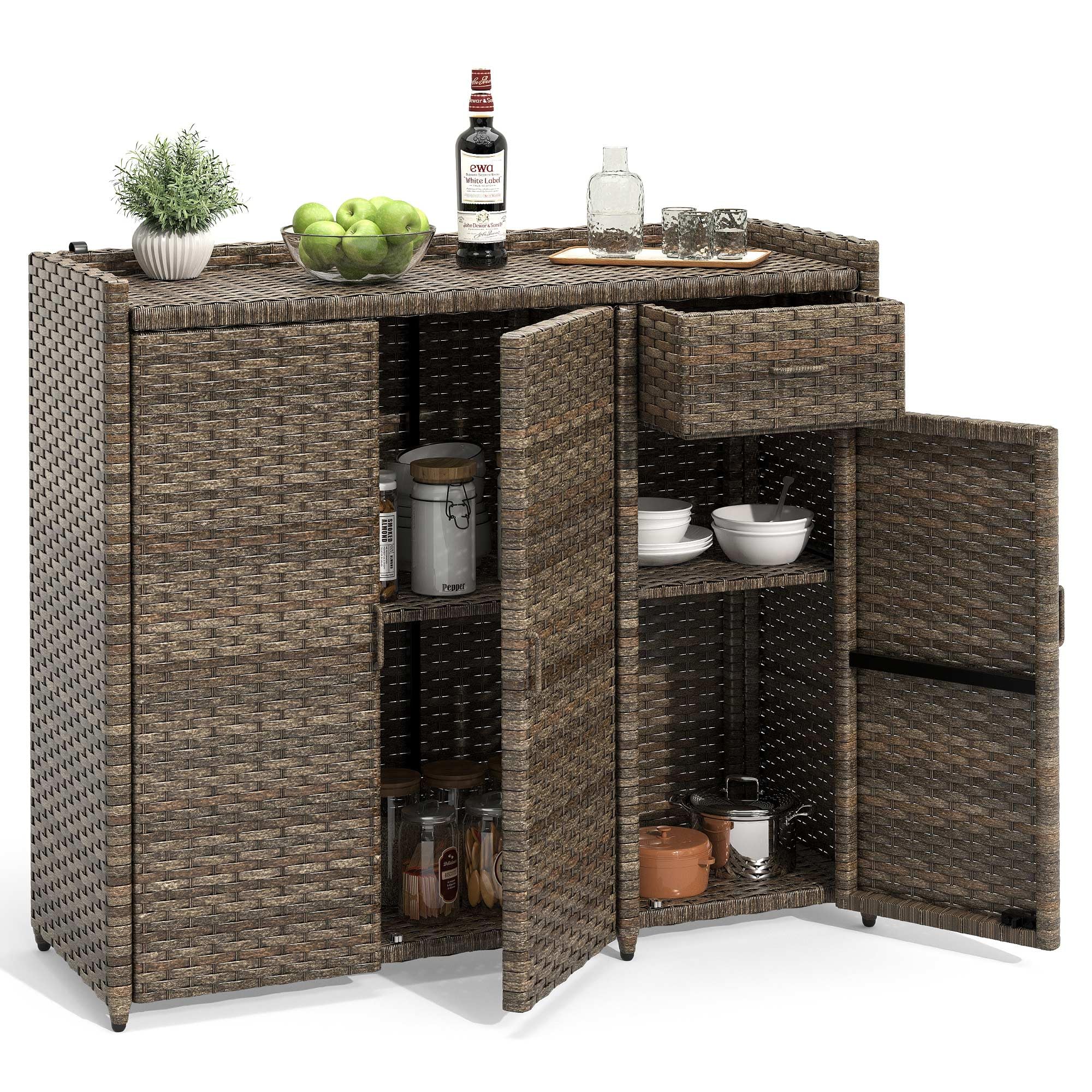Outside Rattan Storage YITAHOME Outdoor Storage Cabinet, Weather-proof Rattan Bar Table with ...