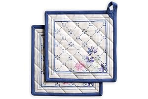 Maison d' Hermine Pot Holder 100% Cotton Potholder Set of 2 Heat Resistant (8"x8") with Loop Hot Pads, Kitchen, Baking, Chef, Barbeque & Microwave, Faience - Spring/Summer