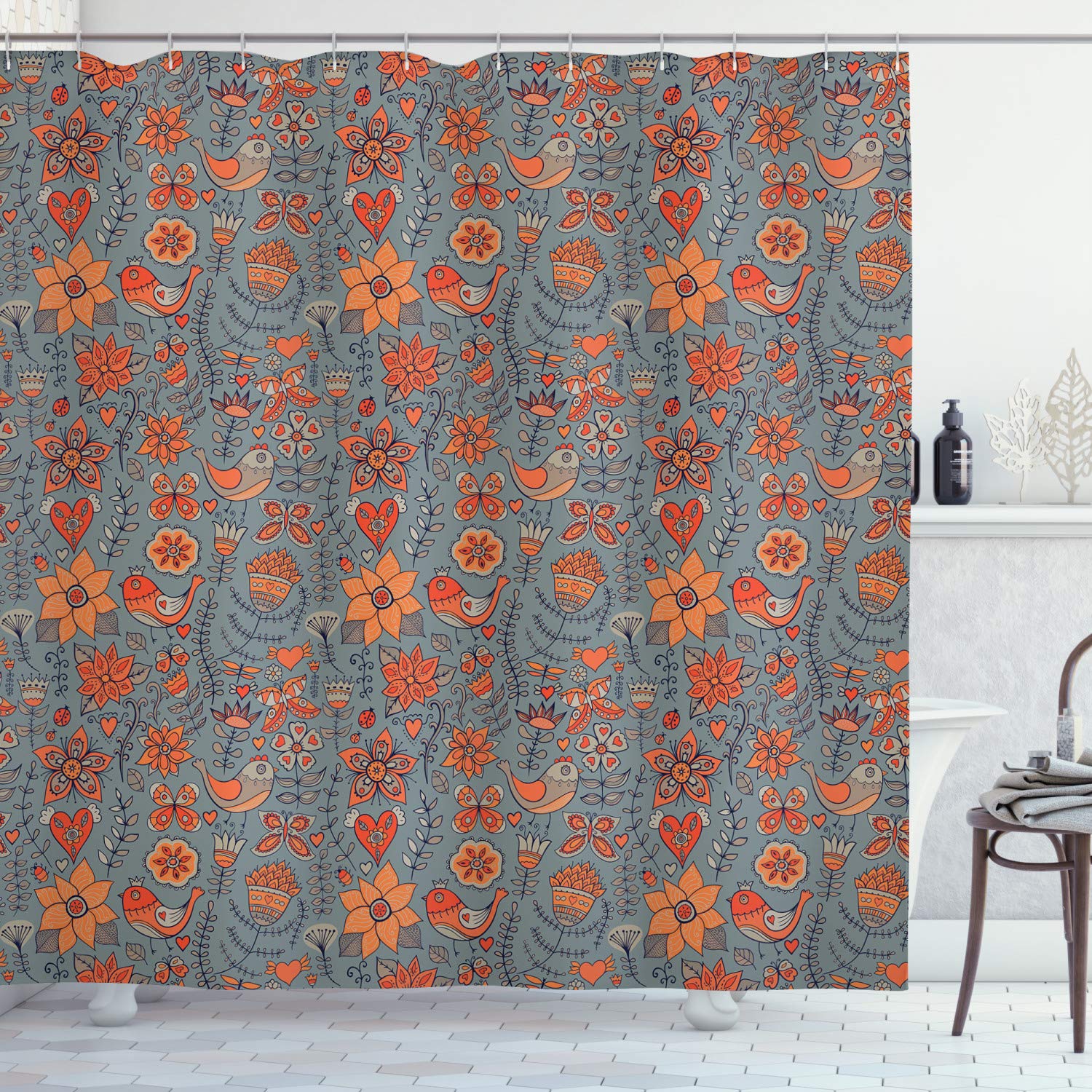 ABAKUHAUS Nature Shower Curtain, Doodle Art of Birds Blossoming Branches Leafy Stems and Hearts Summer Garden Theme, Cloth Fabric Bathroom Decor Set with Hooks, 70 Inches, Multicolor