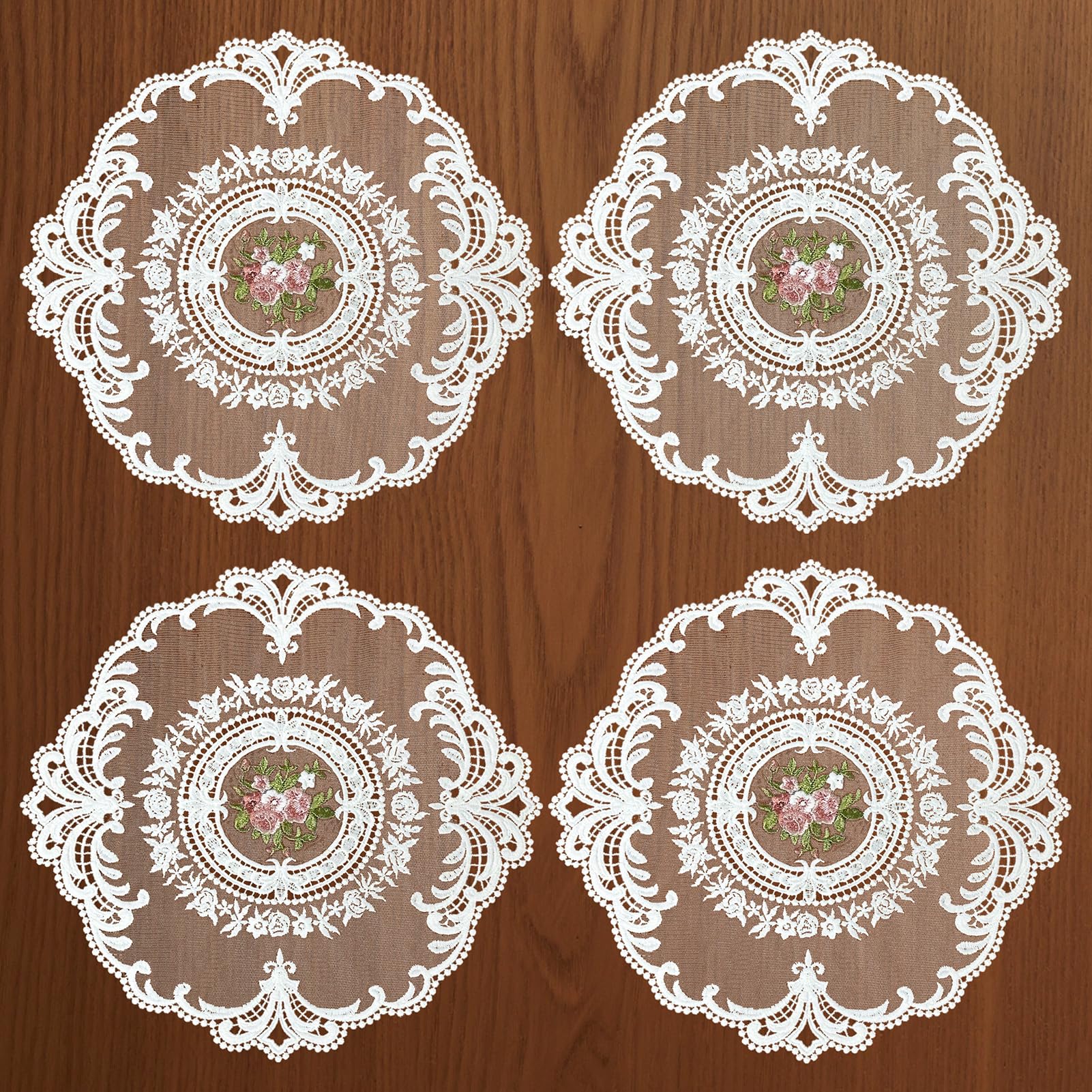 Photo 1 of 4Pcs Lace Table Placemats French Country Decor, 11 Inch Circle Doilies for Tables, Vintage Furniture Doilies for Dessert Trays Nightstand Dresser, White