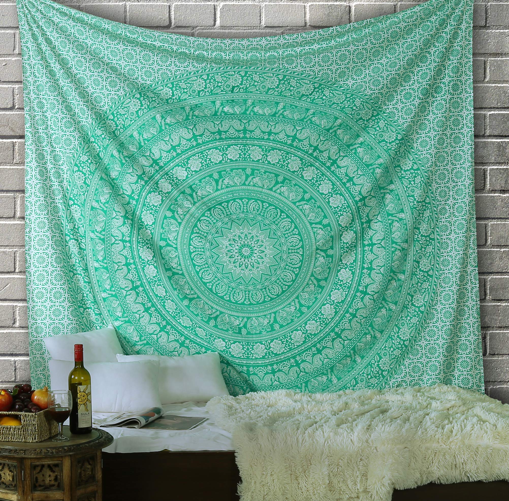 RAJRANG Cotton Mandala Wall Hanging Tapestry 213x230 cm Green Boho Hippie Decor for Bedroom, Beach, Dorm, Large Aesthetic Wall Tapestry