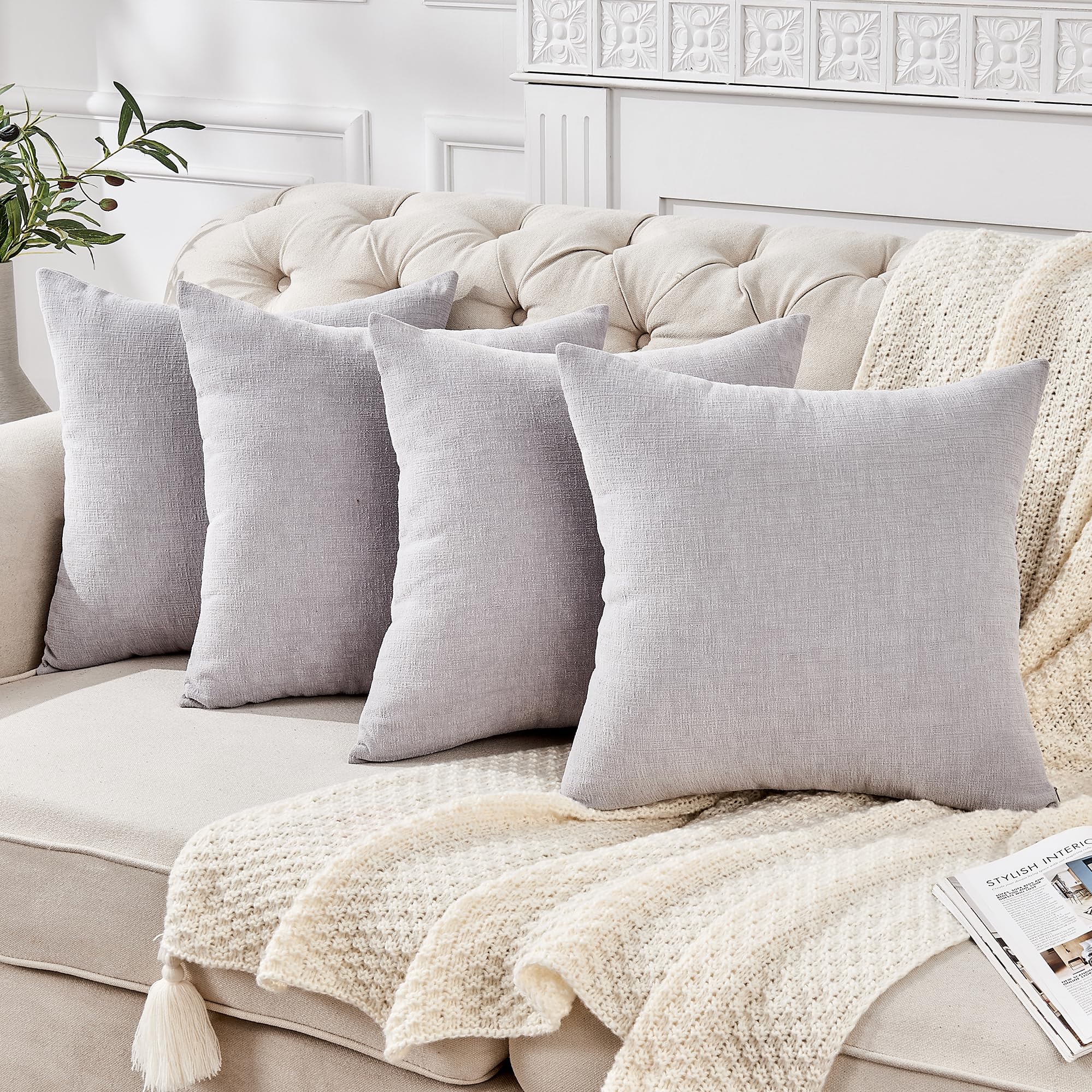 GAWAMAY Decorative Square Throw Pillow Covers 18"x18" Inch Set of 4, Super Soft Chenille Pillows Farmhouse Fall Pillowcase for Living Room Bedroom Sofa Couch Cushion Cover Light Grey 45x45cm Image