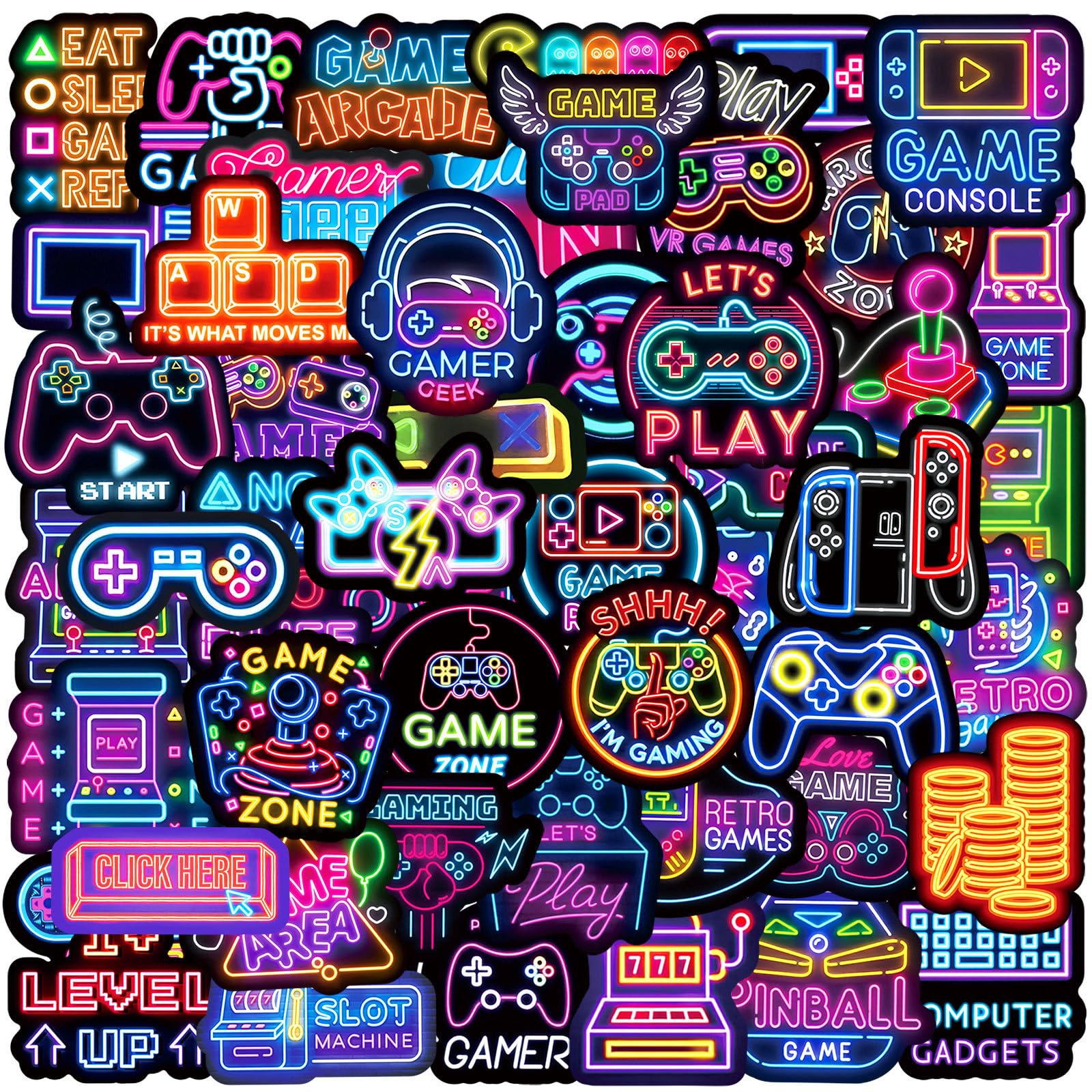 50 Pcs Neon Game Stickers for Kids, Neons Game Controller Decals for Water Bottle, Vinyl Waterproof Laptop Decal for Teens Girls Boys, Students Adults Sticker Pack(Neon Sticker-6)
