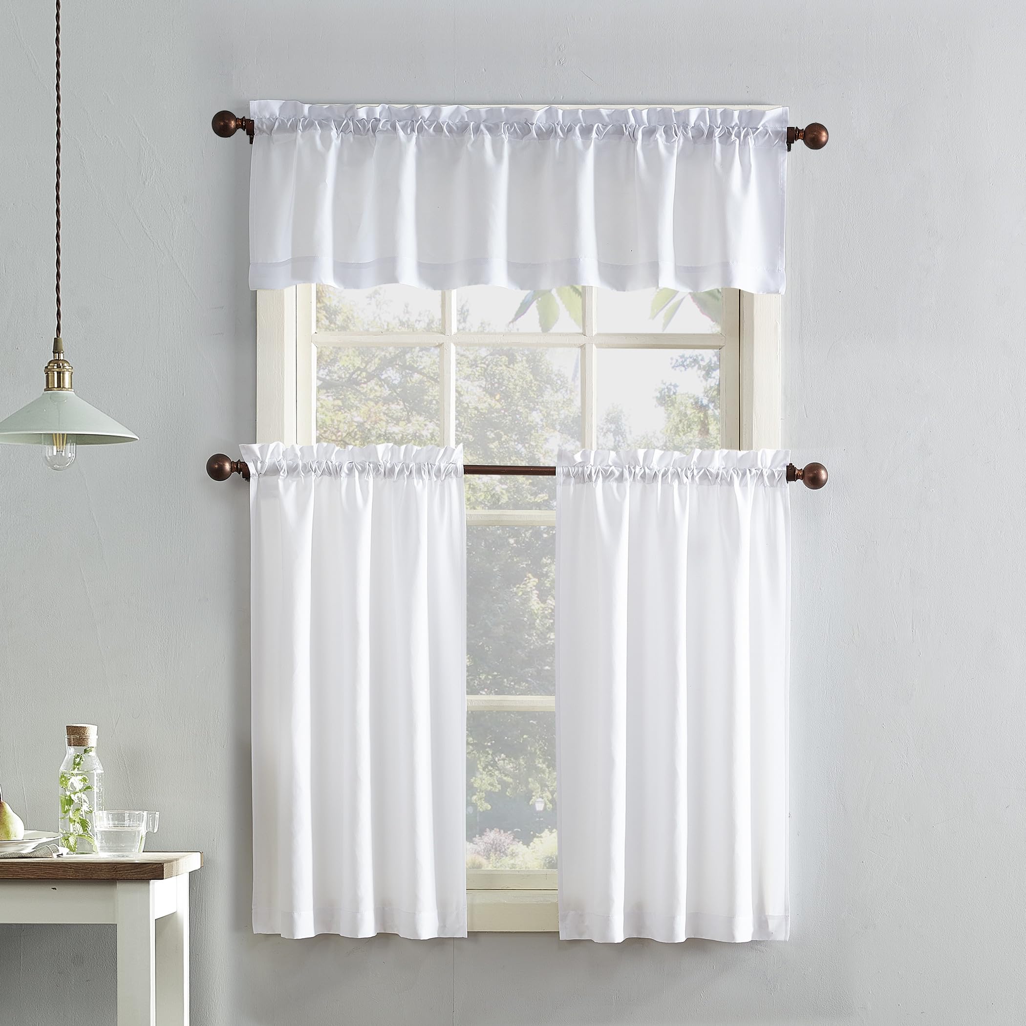 Photo 1 of No. 918 Martine Microfiber Semi-Sheer Rod Pocket Kitchen Curtain Valance and Tiers Set, 54" x 36", White