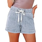 luvamia Jean Shorts for Women High Waisted Pull On Drawstring Elastic Waist Trendy Stretchy Denim Jorts Summer Shorts
