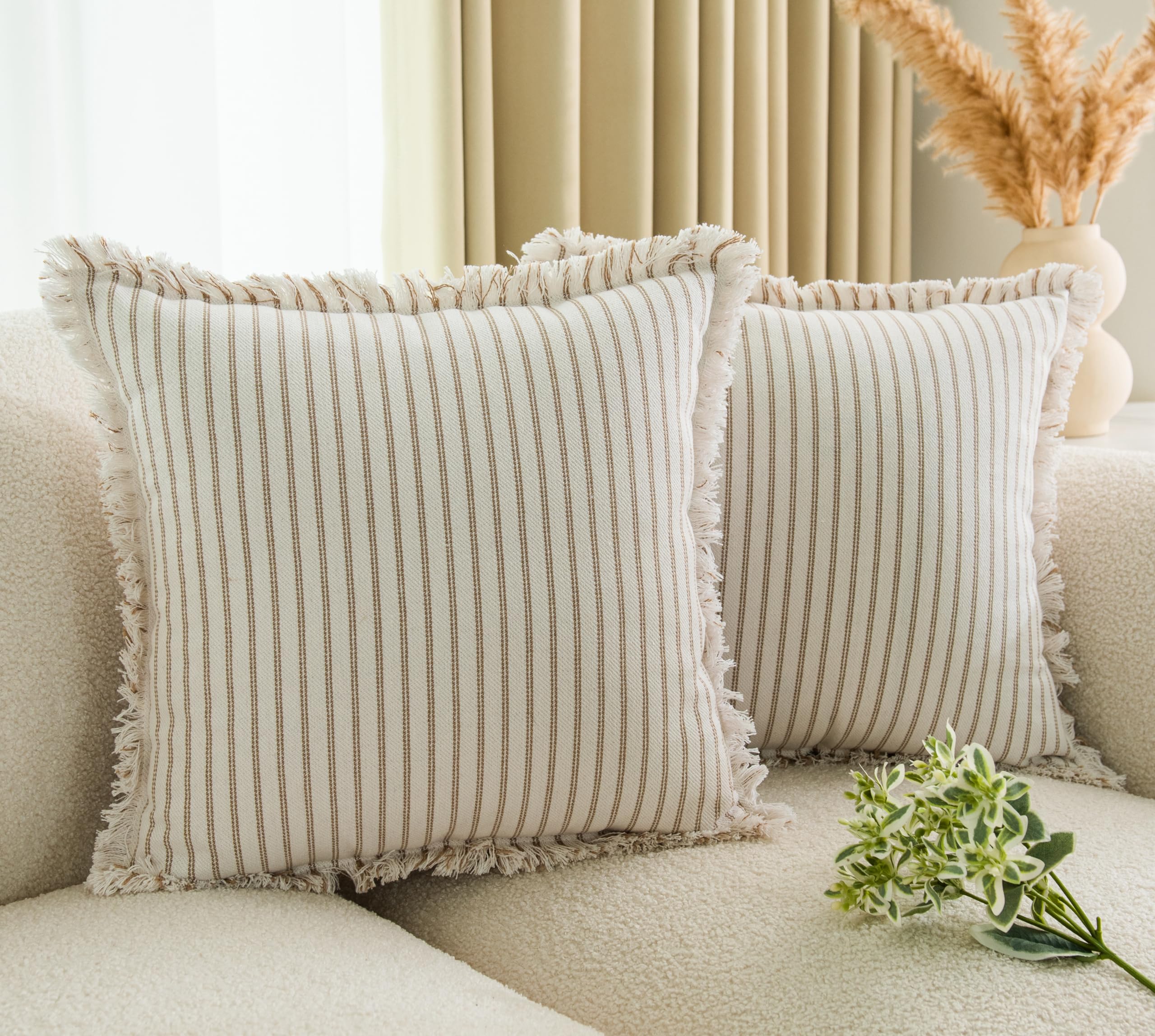 LIGICKY Set of 2 Fringe Cushion Covers with Tassels Khaki Boho Farmhouse Striped Throw Pillow Covers Soft Square Cushion Cases for Sofa Couch Bed Living Room Decor, 20 x 20 inch