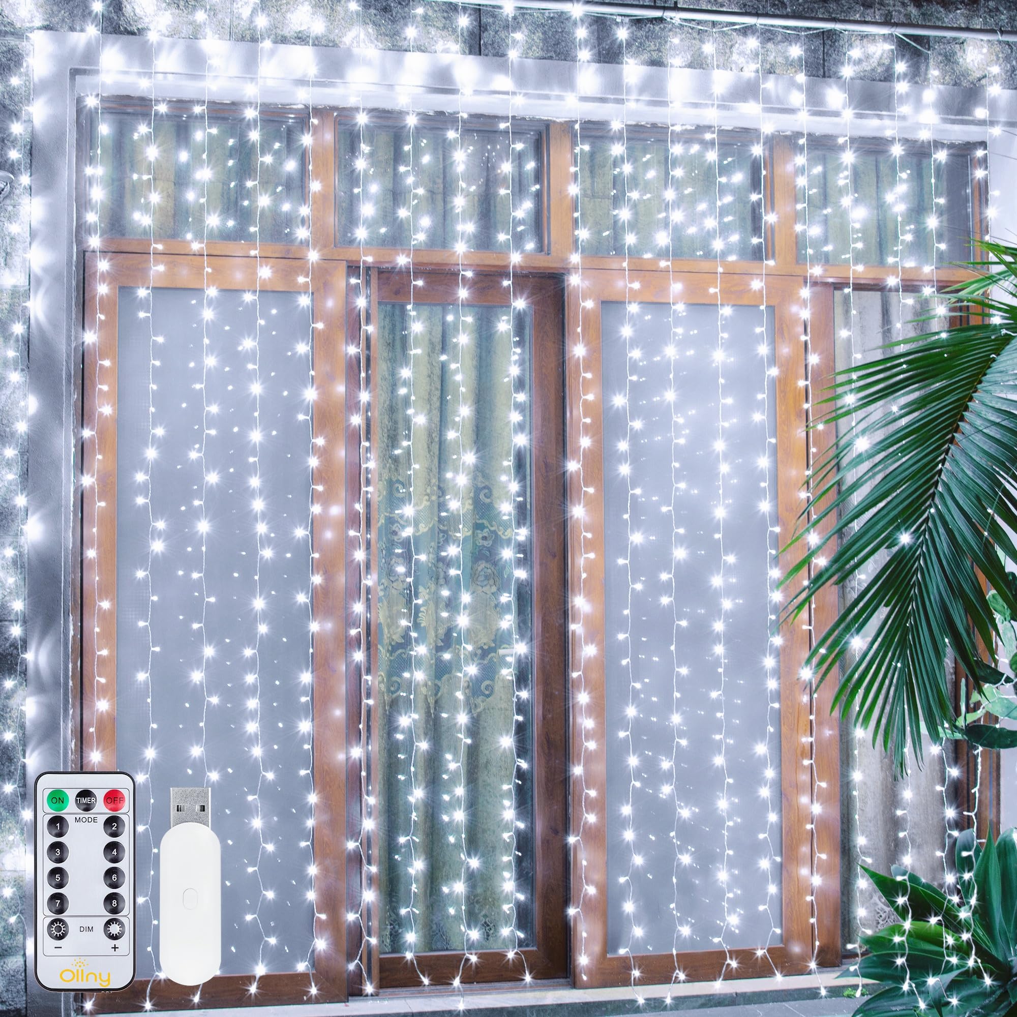 Ollny Curtain Lights Indoor, 300 LED 3m x 3m Fairy Lights USB Powered, Waterproof Cool White String Light with 8 Modes/Timer/Remote, Bedroom/Wall/House/Garden Decorations