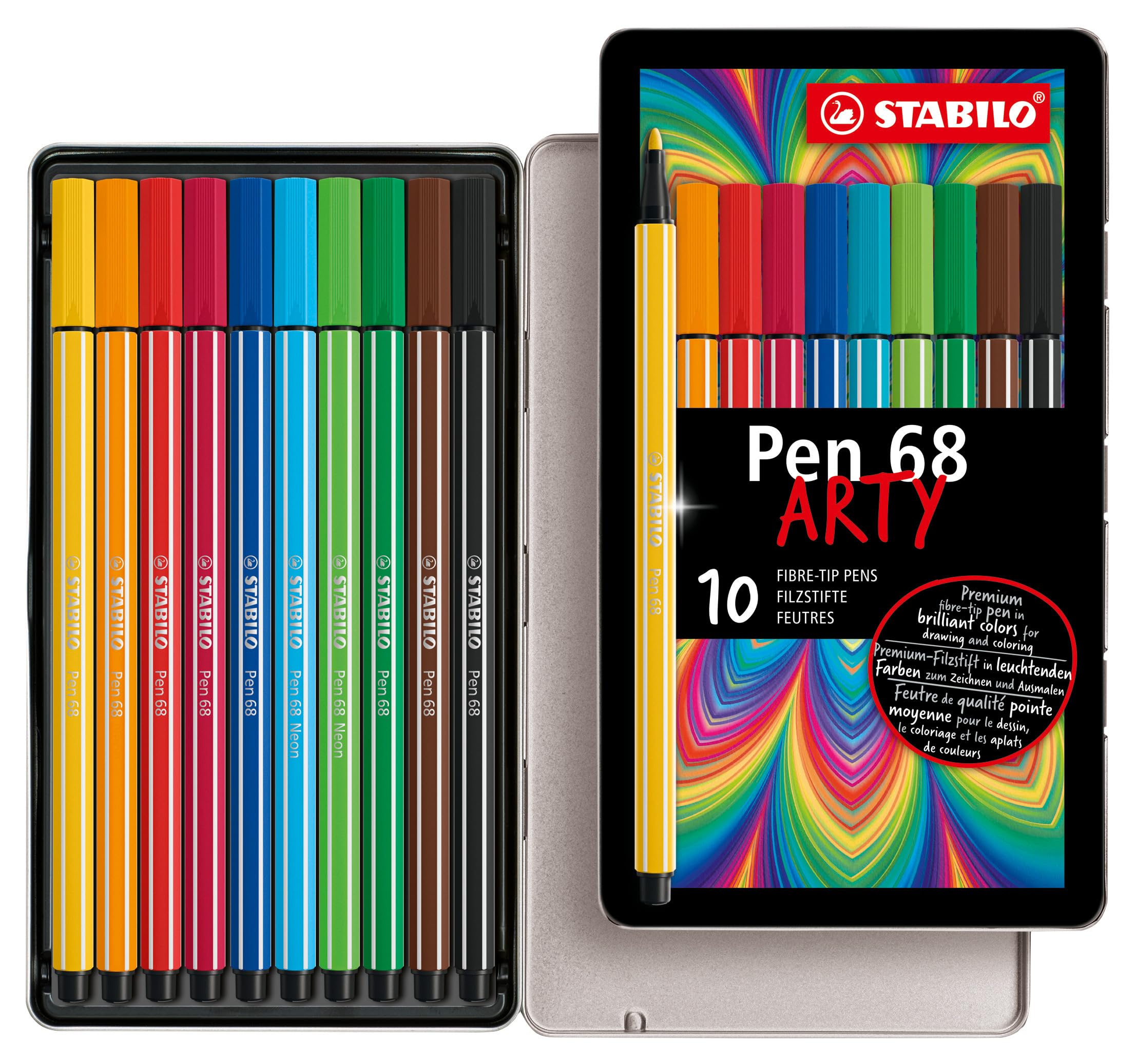 STABILO Pen 68 - Premium Fibre-Tip Pen - ARTY - Tin of 10 - Assorted Colours