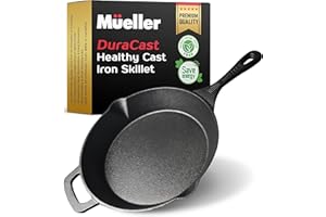 MUELLER HOME Mueller Pre-Seasoned Heavy-Duty Healthy Cast Iron Skillet 10-inch, Cast Iron Pan, Dual Handles & Dual Pouring Lips, Safe across All Cooktops, Oven, BBQ, or Campfire