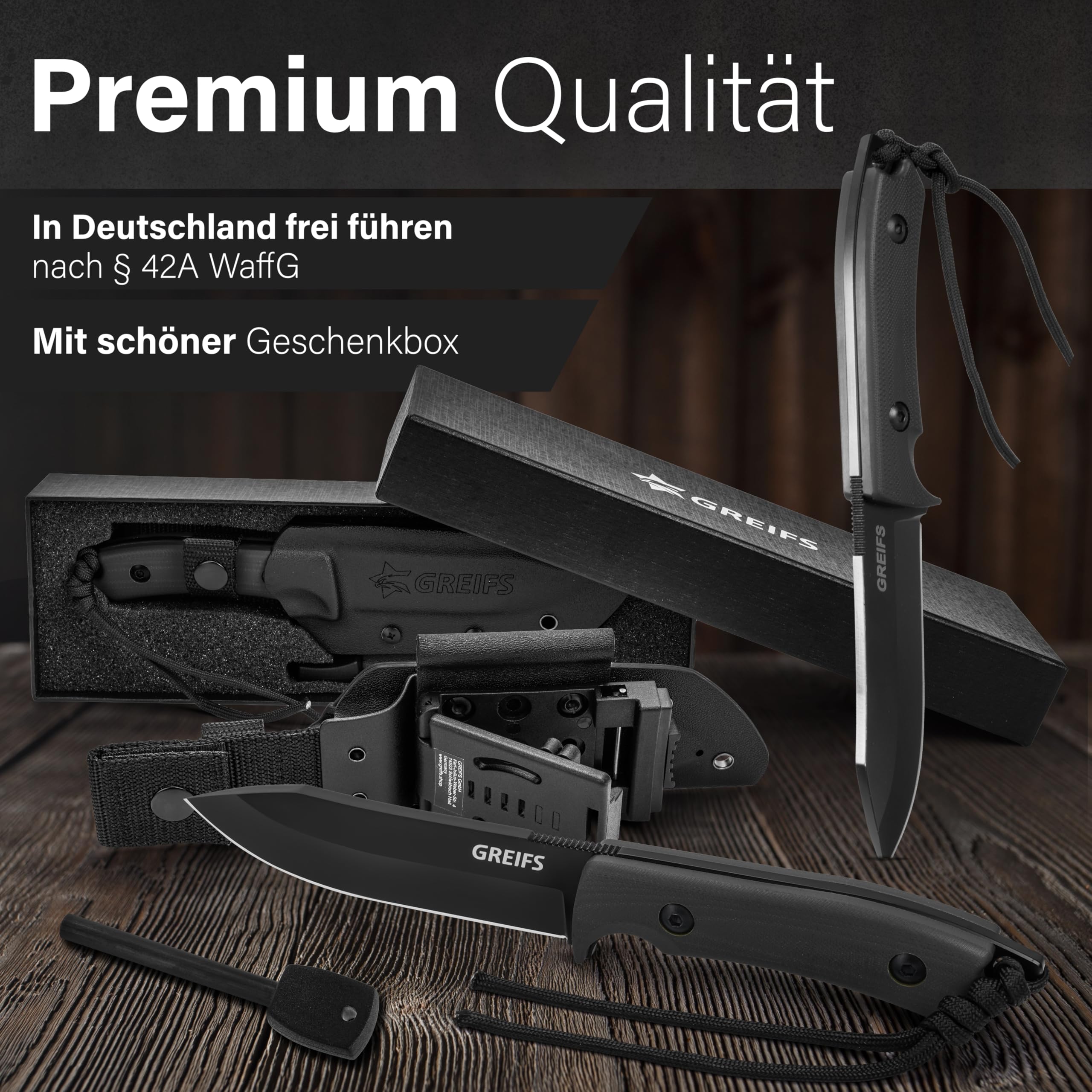 GREIFS® Outdoor-Messer aus D2 Stahl mit Kydex Holster und Feuerstahl, edles Survival Messer für die Bushcraft Ausrüstung, Jagdmesser, Schnitzmesser, Fahrtenmesser (Milan/Schwarz) 5