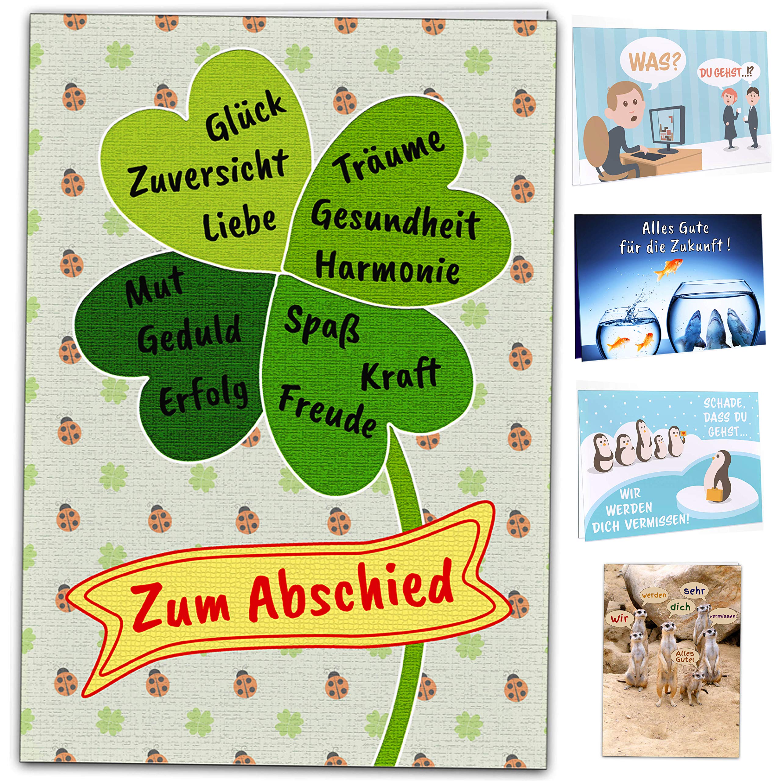 Kulinu 64749 Leaving Card for Colleagues - Leaving Gift Card Large XXL A4 Format - Funny Gift for Goodbye Job Change Retirement Pension Pension Office Staff Colleague Friends Chef DIN A4#5 Clover