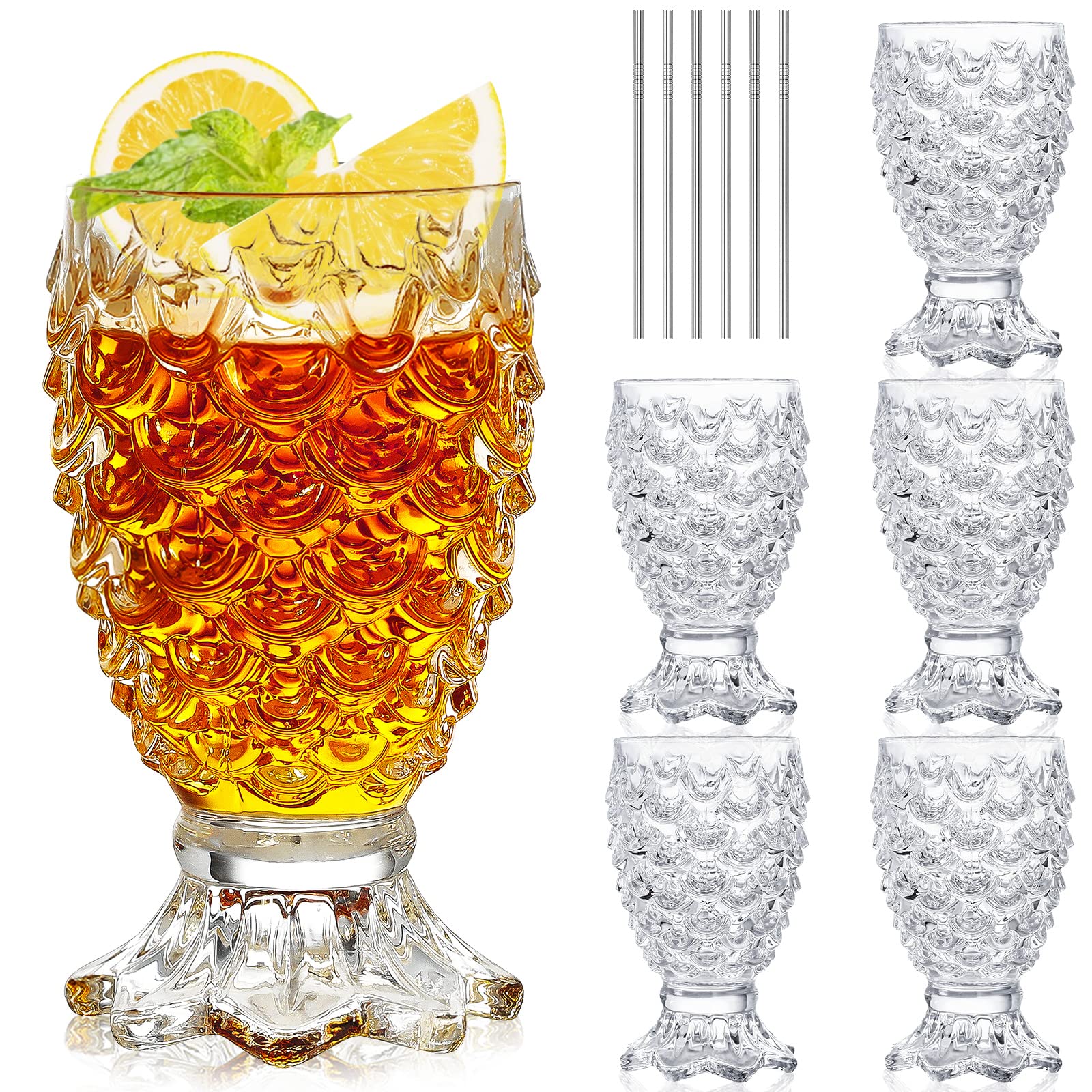 INFTYLE Set of 6 Pineapple Cocktail Glasses Vintage Glassware Whiskey Glasses Classic Wine Drinking Glasses Mixed Drinkware Sets Gift for Men Women(8oz)