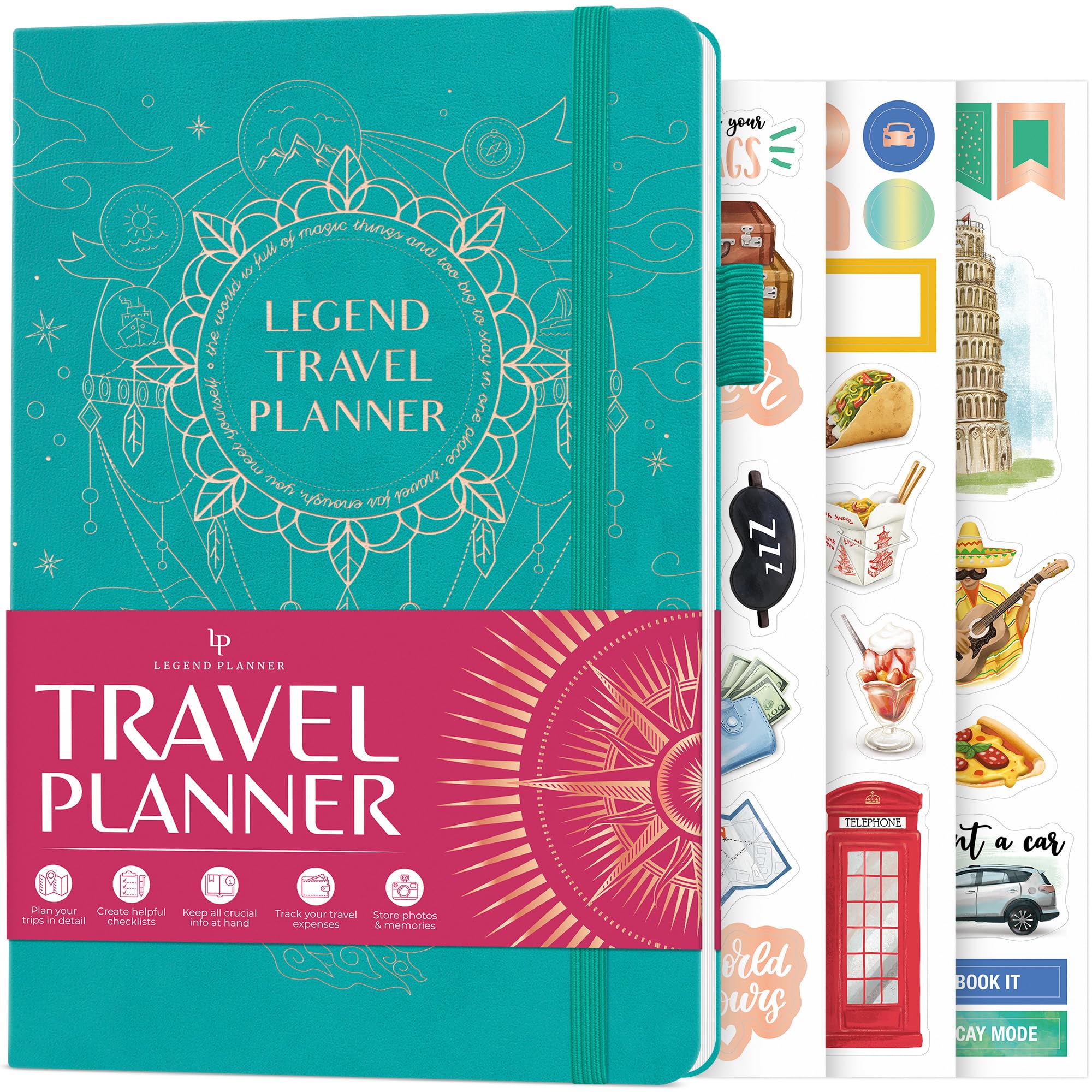 Legend Travel Planner – Vacation Itinerary Organizer – Travelling Journal for Women, Men & Couples – Traveling Log, A5 (Viridian Green)