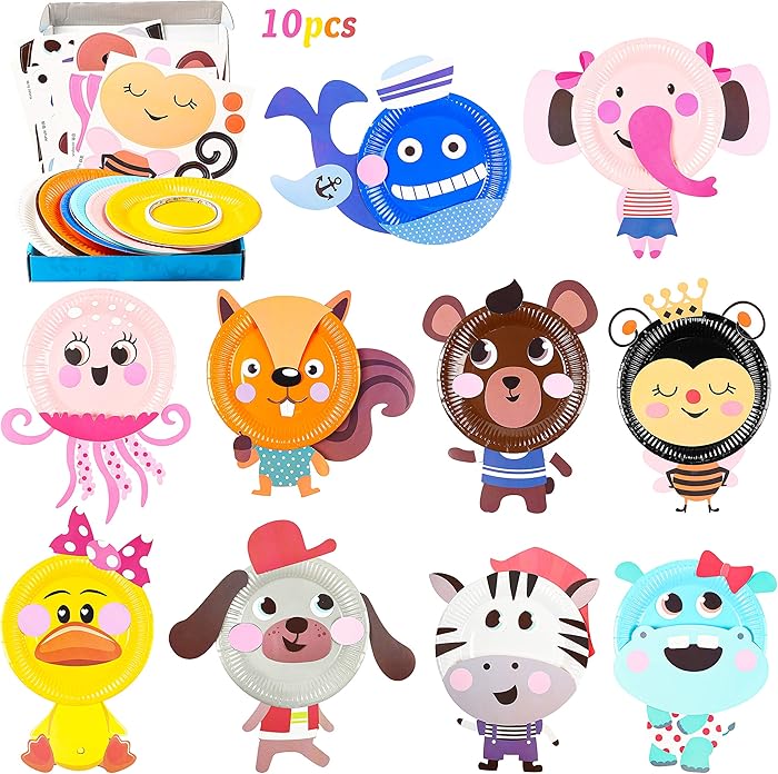 MALLMALL6 10Pcs Animal Paper Plate Art Kits for Kids DIY Craft Sticker Card Games Activity Handmade 3D Animals with Body Paper Crafts Project Classroom Supplies for Preschool Toddler Boys Girls