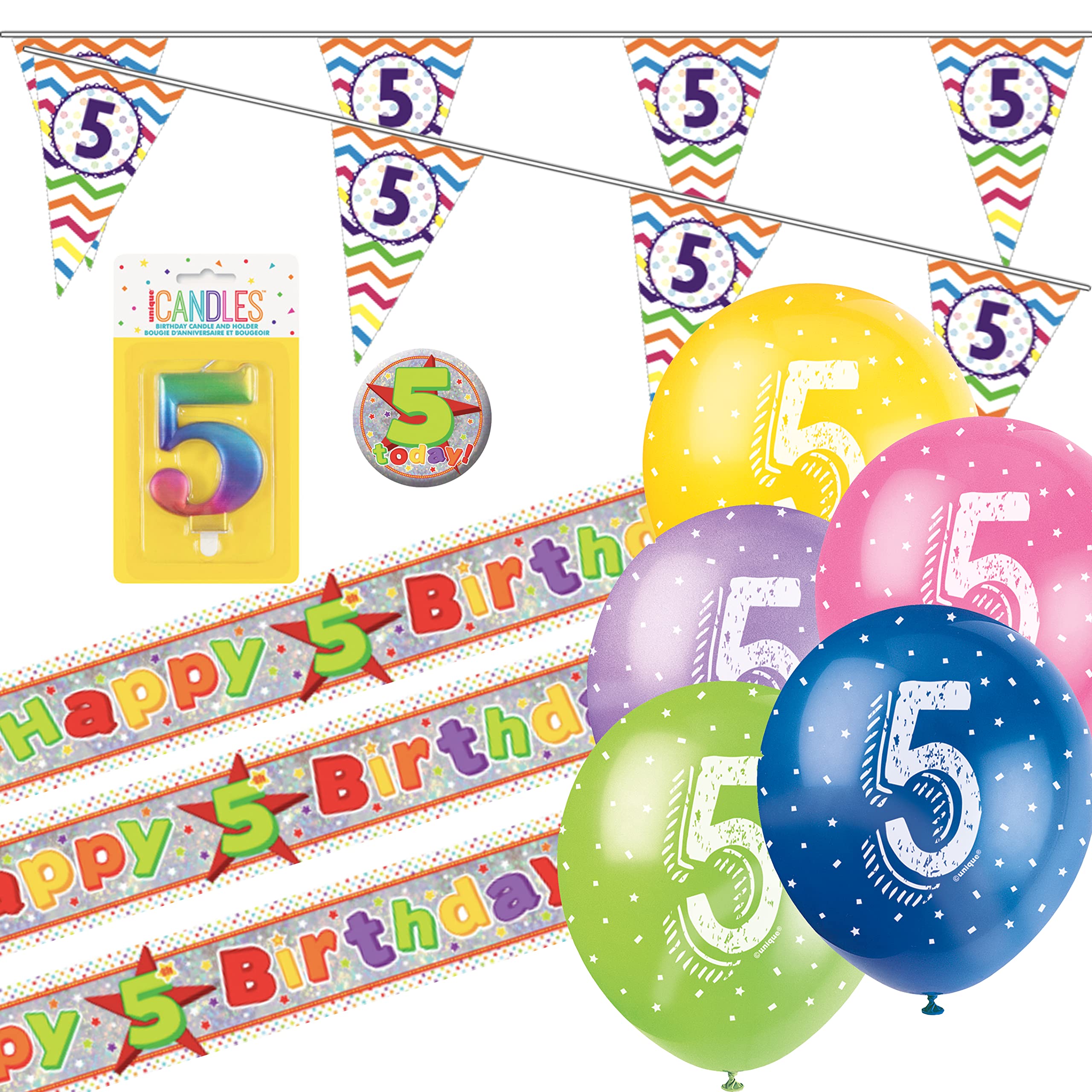 CheerstoYears 5th Birthday Decorations Party Pack, 5th Birthday Bunting, Banners, Balloons, Candle, Badge