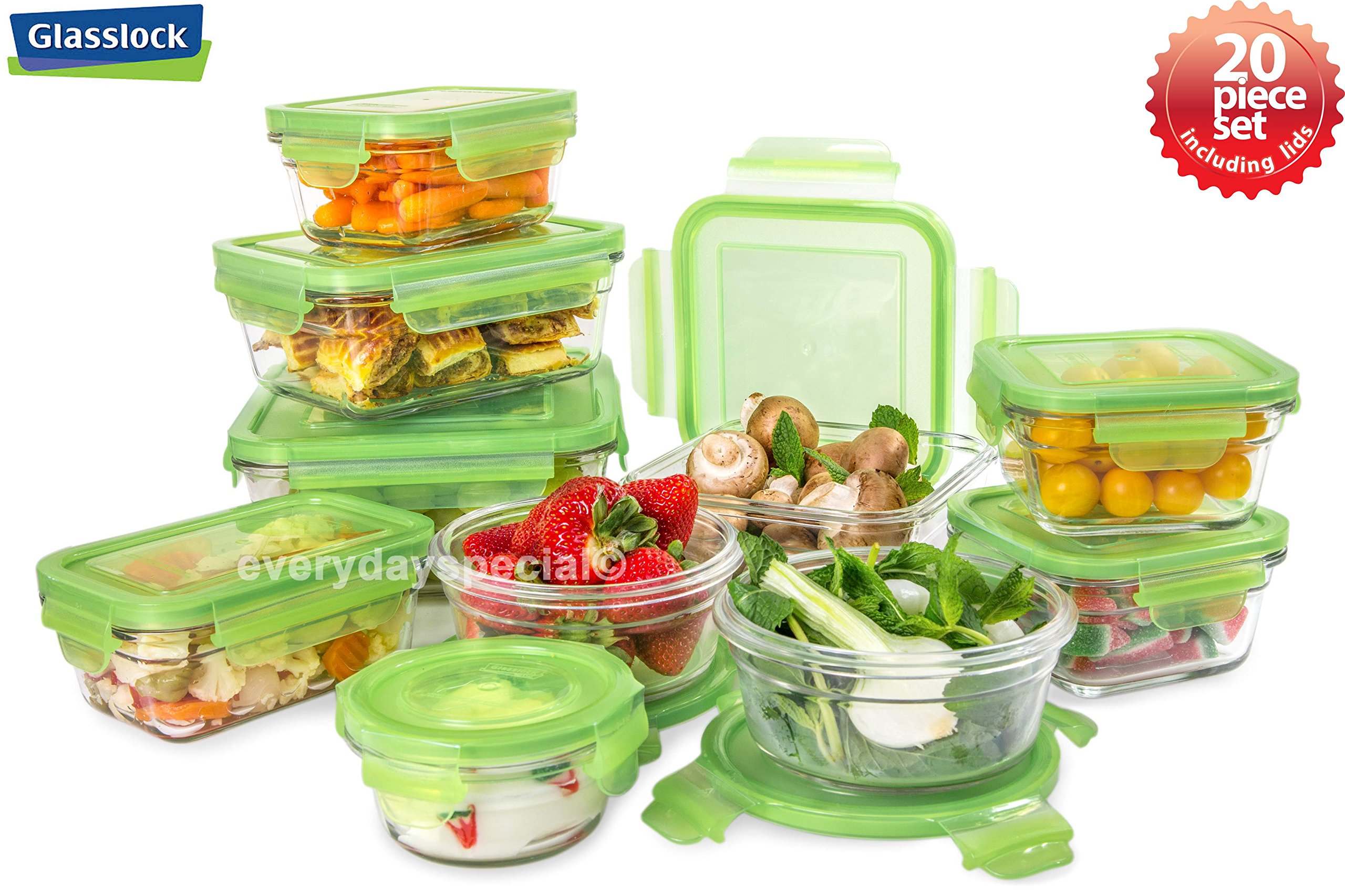 Tempered Glasslock Storage Containers 20pc set Green Lids Microwave