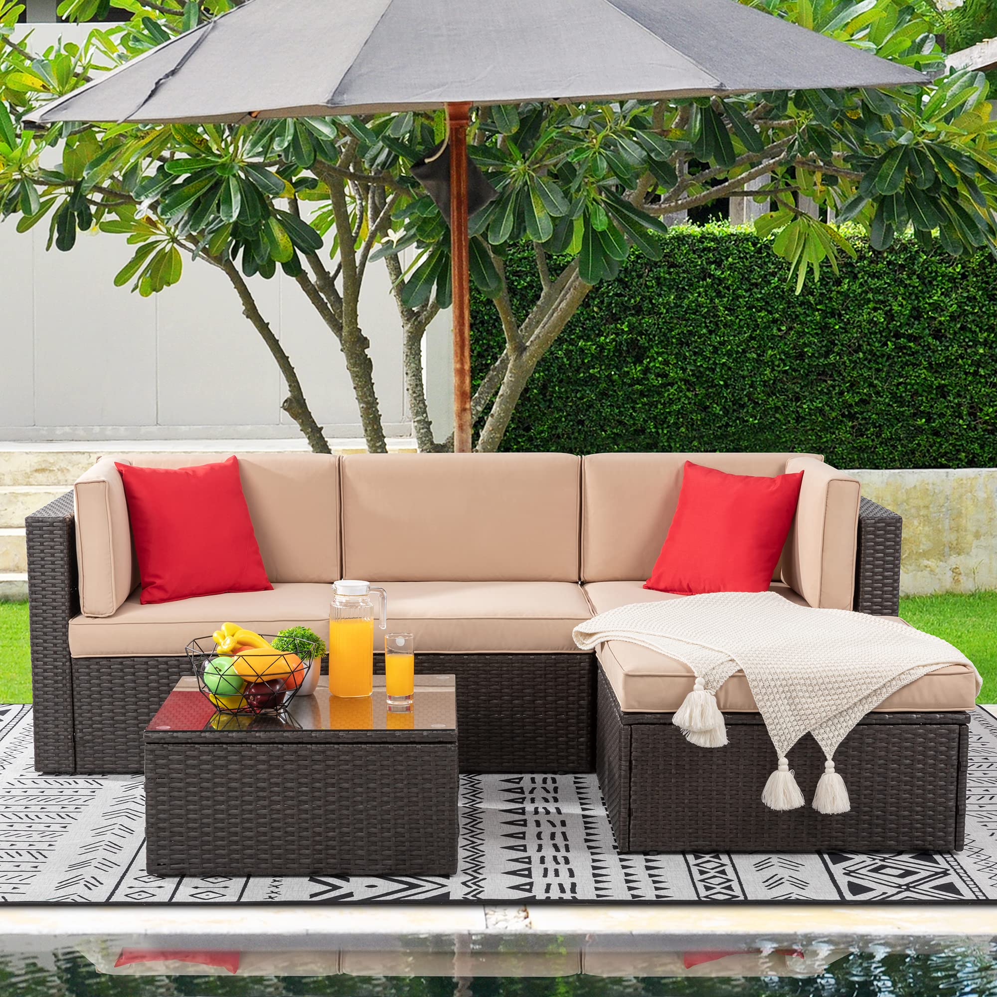 Photo 1 of ****JUST TABEL AND COUSHIONS GLASS IS NOT BROKEN******* Pieces Patio Furniture Sets Outdoor All-Weather Sectional Patio Sofa Set PE Rattan Manual Weaving Wicker Patio Conversation Set with Glass Table&Ottoman Cushion and Red Pillows