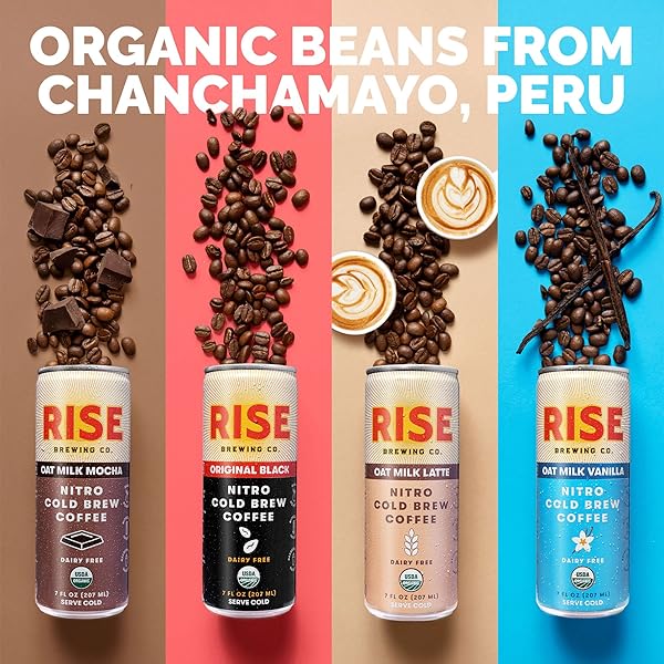 RISE BREWING CO. NITRO COLD BREW COFFEE, ORGANIC, NON-GMO, CLEAN ENERGY & LOW ACIDITY, 3X ORIGINAL BLACK, OAT MILK LATTE, OAT MILK MOCHA & OAT MILK VANILLA, 7 FL. OZ. CANS (12 PACK)