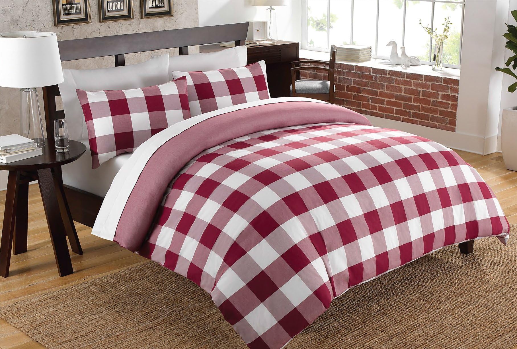 Color Sense 200 Thread Count Authentic Chambray Buffalo Check Design Duvet Cover Set Red Twin