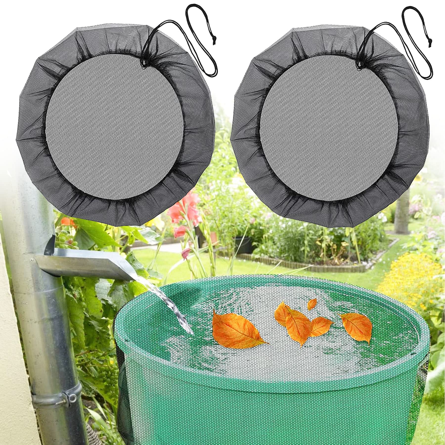 Rain barrel net, 95 cm, 2 pieces, rain barrel cover with drawstring, weather-resistant mosquito protection, rain butt cover, protective net, rain barrel, protection against leaves, insect