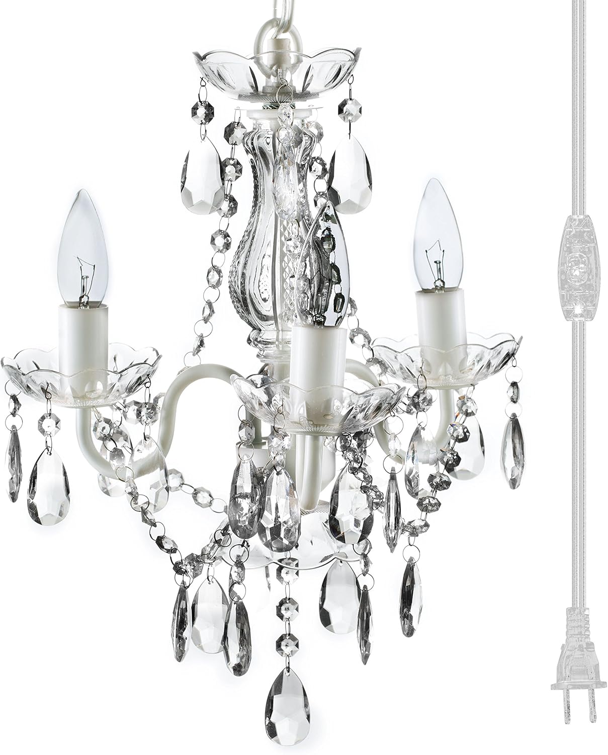 The Original 3 Light Crystal White Plug-in Gypsy Chandelier for H17" W12", White Metal Frame with Clear Acrylic Crystals (Better Than Glass) - - 