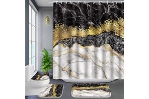 Poedist 4 Pcs Black and Gold Edge Marble Bathroom Shower Curtain Set, Bathroom Sets with Shower Curtain and Rugs(Bath Mat,U Shape and Toilet Lid Cover Mat) and 12 Hooks-Black