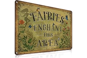 PAIION Vintage Fairy Garden Sign - Enchanted Fairy Wall Decor Tin Signs for Patio Garden Decor, Whimsical Fairy Room Decor fo