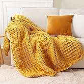Battilo Mustard Yellow Chunky Knit Throw Blanket, Soft and Thick Chenille Throw Blanket, 50"x60" Handmade Cable Knit Crochet Blanket, Rope Knot Knitted Fall Throw Blankets for Couch Home Decor