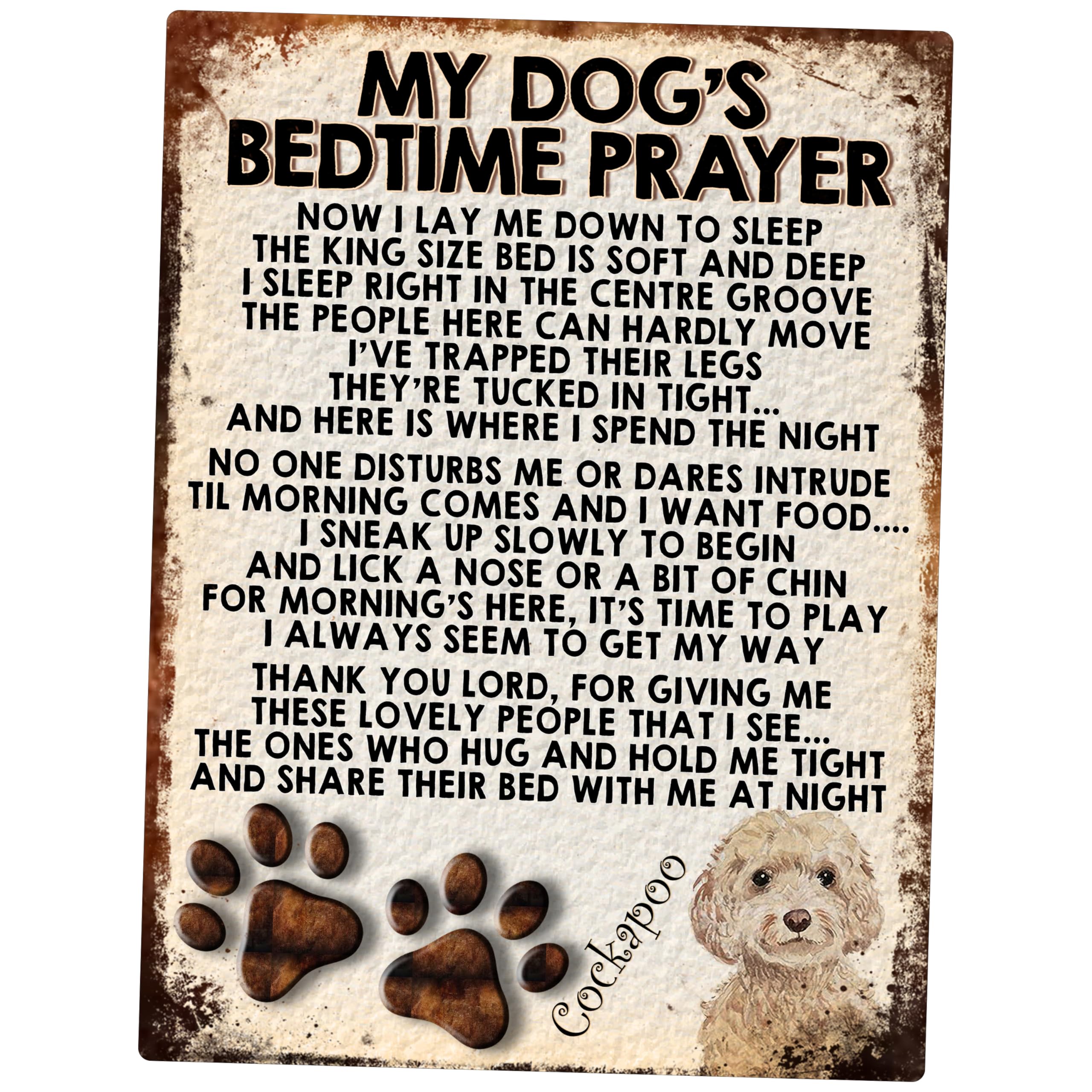 MY DOG'S BEDTIME PRAYER RETRO STYLE METAL TIN SIGN/PLAQUE (COCKAPOO WHITE)
