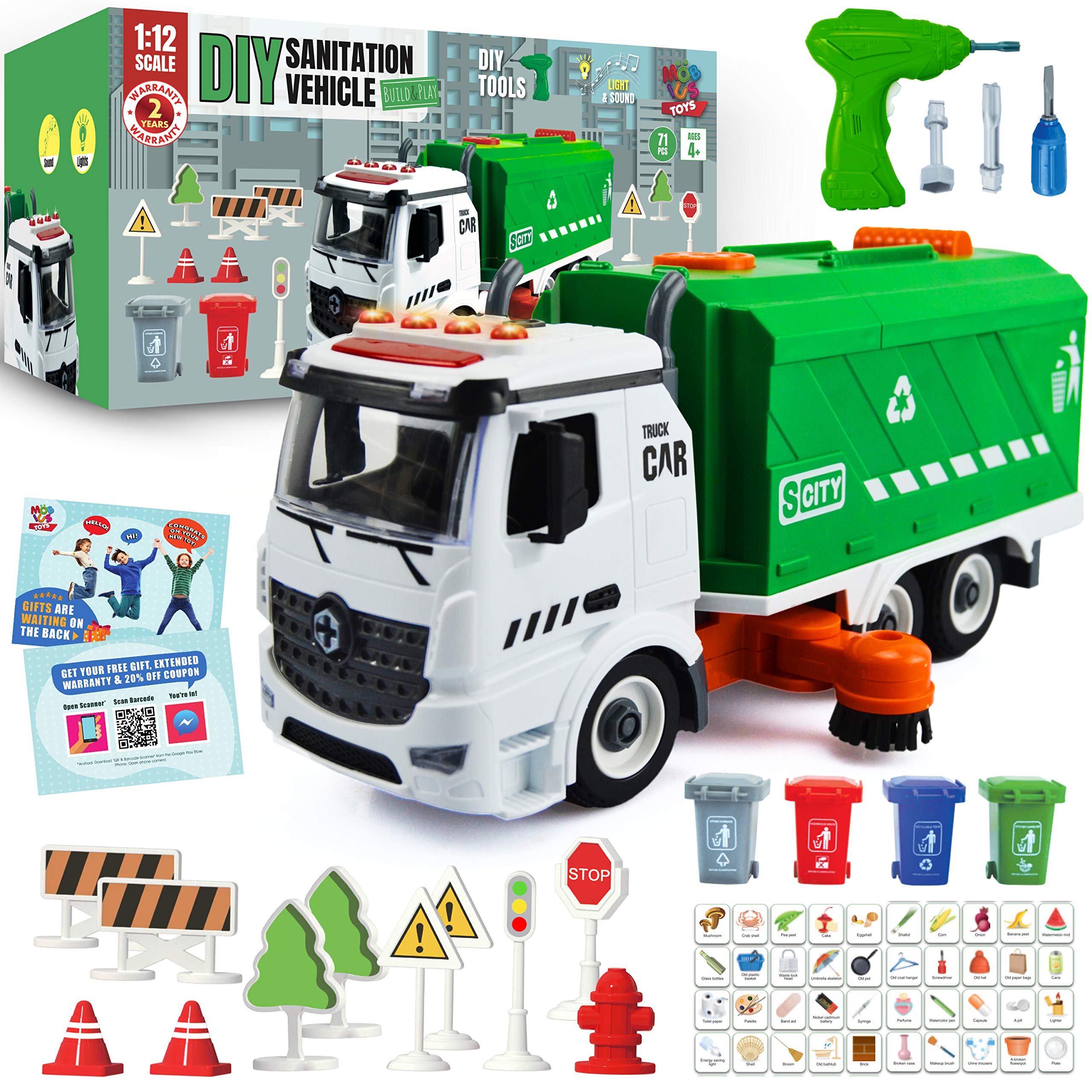 71 Pcs Take Apart Garbage Truck Playset - 1:12 Scale Push & Go + Electric Drill, Sounds & Lights, Road Signs Set, 4 Trash Cans & 40 Flash Cards for Learning - Recycling Truck for boys ages 4 5 6 7 8 +