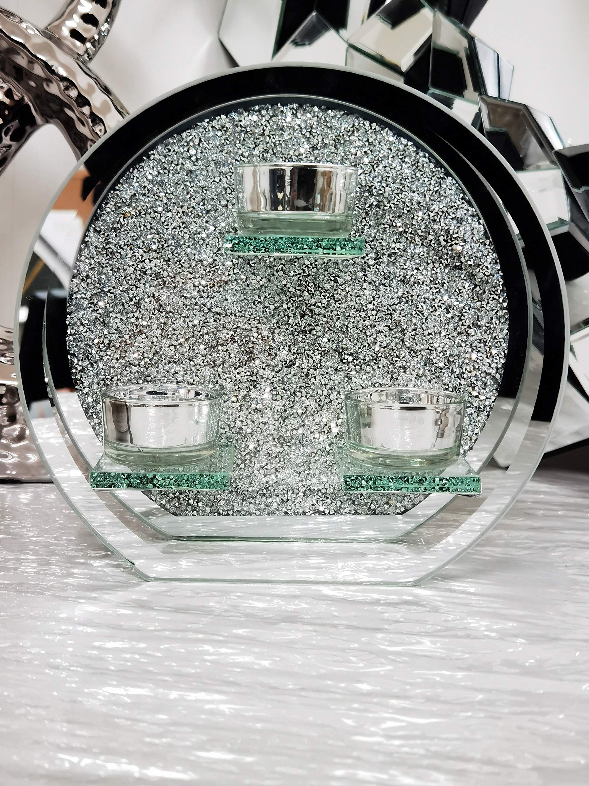 3 Round Crushed Crystal Tealight Holder Tealight holder Clear Silver Mirror Glass Candle Holder With Walls Home Decor Wedding