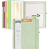 Ospelelf Green Foldable Spiral Clipboard Folio with Storage Zipper Pouch, 5 Plastic Folders with 10 Pockets, Refillable Lined Notepad (11" x 8.5"), Linen Hardcover Project Organizer